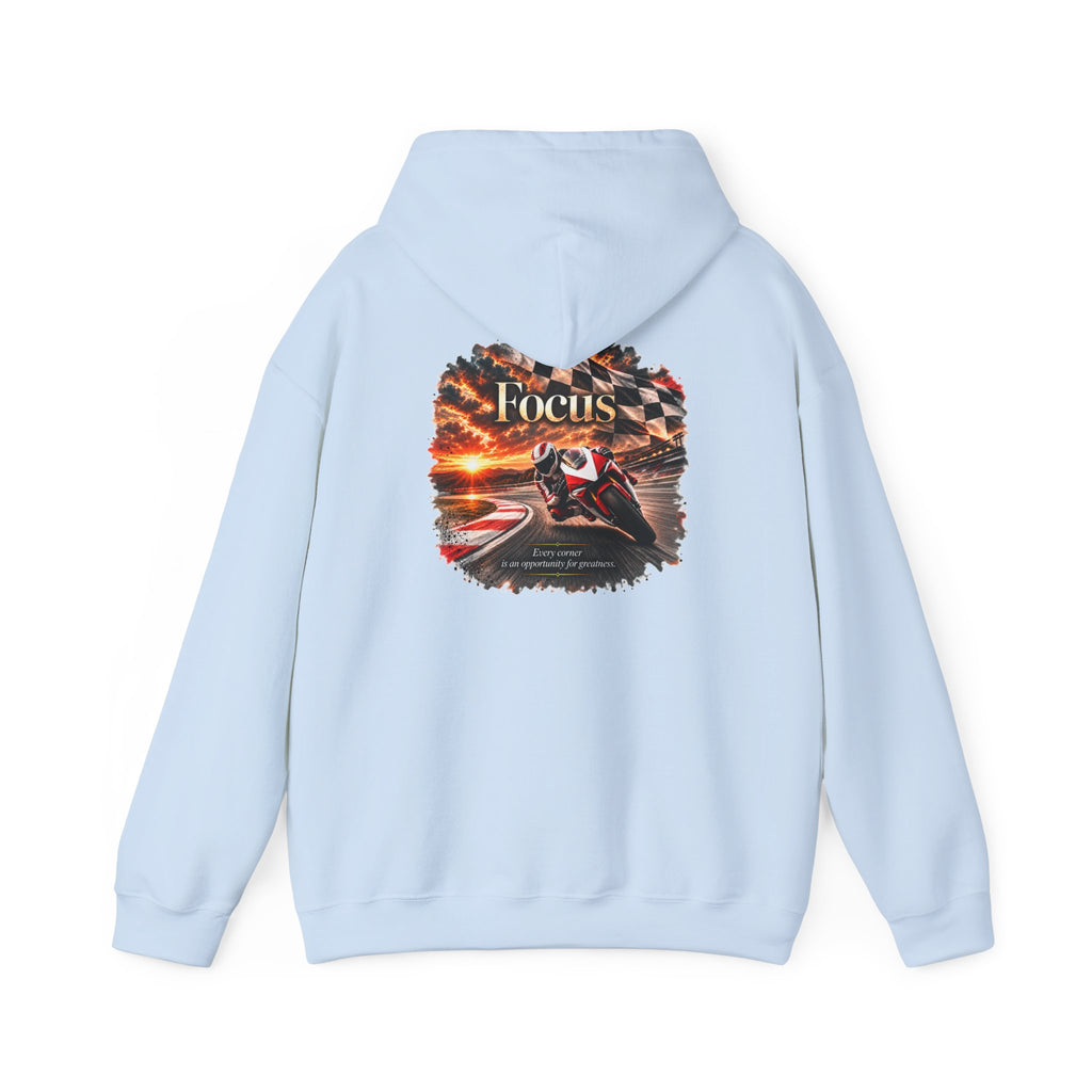 Focus - Every Corner Is an Opportunity for Greatness | Motorcycle Racing Gift | Front Logo and Back Print | Gildan Hoodie