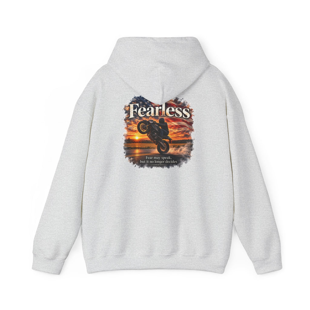 Fearless - Fear May Speak, But It No Longer Decides | Motorcycle Wheelie Hoodie | Front Logo and Back Print | Gildan Hoodie