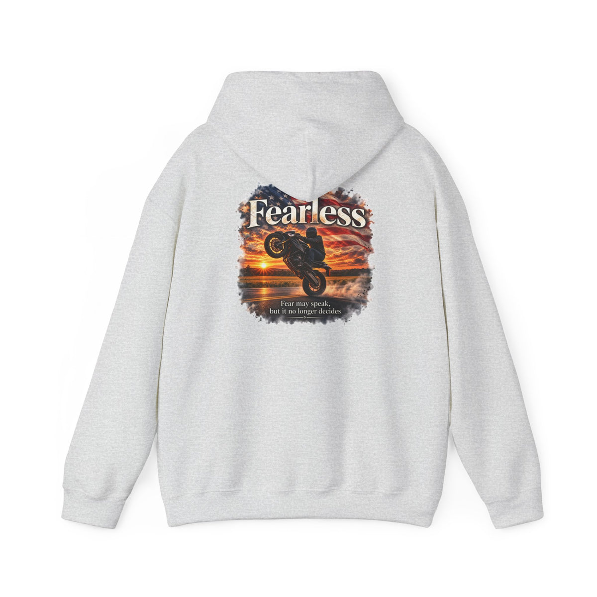 Fearless - Fear May Speak, But It No Longer Decides | Motorcycle Wheelie Hoodie | Front Logo and Back Print | Gildan Hoodie
