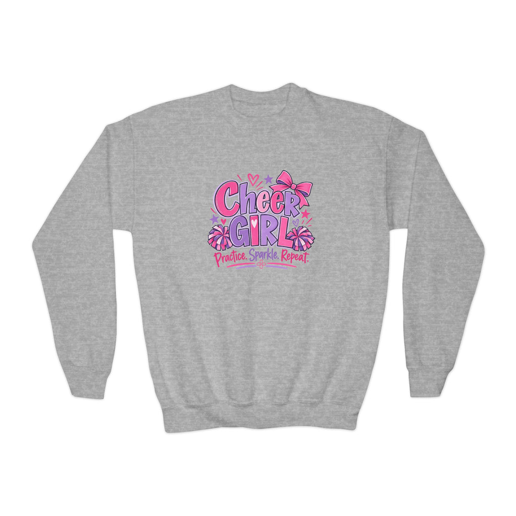 Cheer Girl Youth Sweatshirt | Practice, Sparkle, Repeat | Girls Cheer Youth Crewneck