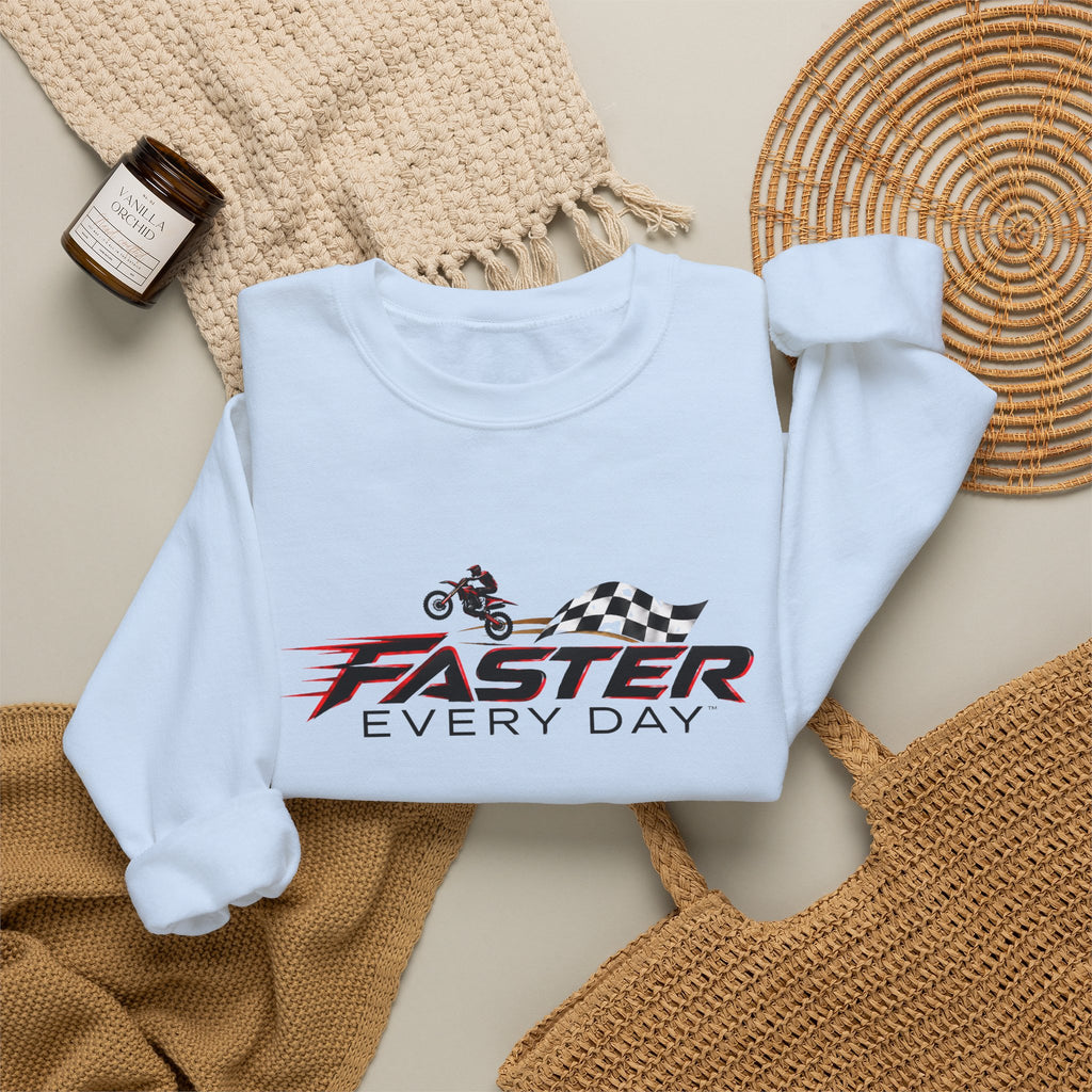 Faster Every Day Dirt Bike Checkered Flag Logo Sweatshirt | Motocross Gift | Gildan Crewneck Sweatshirt
