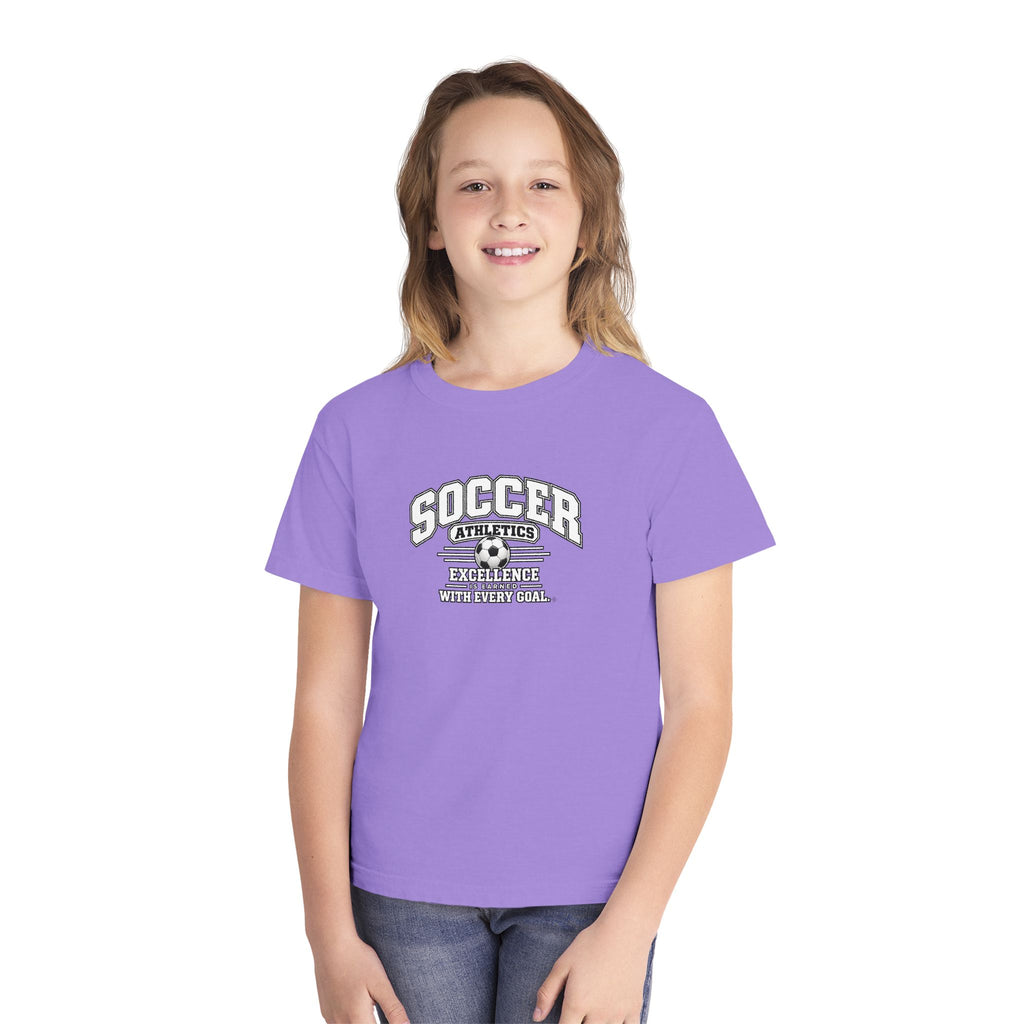 Soccer Athletics Youth T-Shirt | Excellence Is Earned With Every Goal | Kids Soccer Comfort Colors Youth Tee