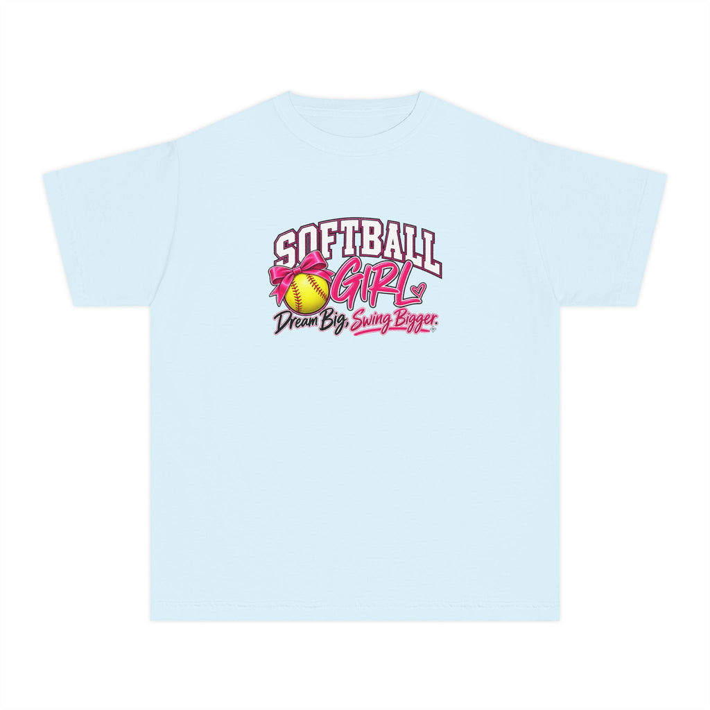 Softball Girl Youth T-Shirt | Dream Big, Swing Bigger | Girls Softball Comfort Colors Youth Tee