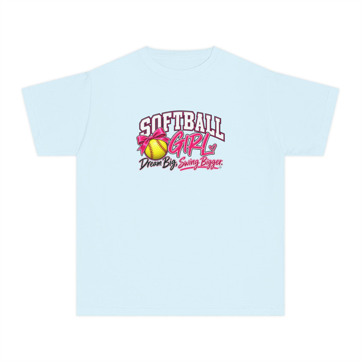Softball Girl Youth T-Shirt | Dream Big, Swing Bigger | Girls Softball Comfort Colors Youth Tee