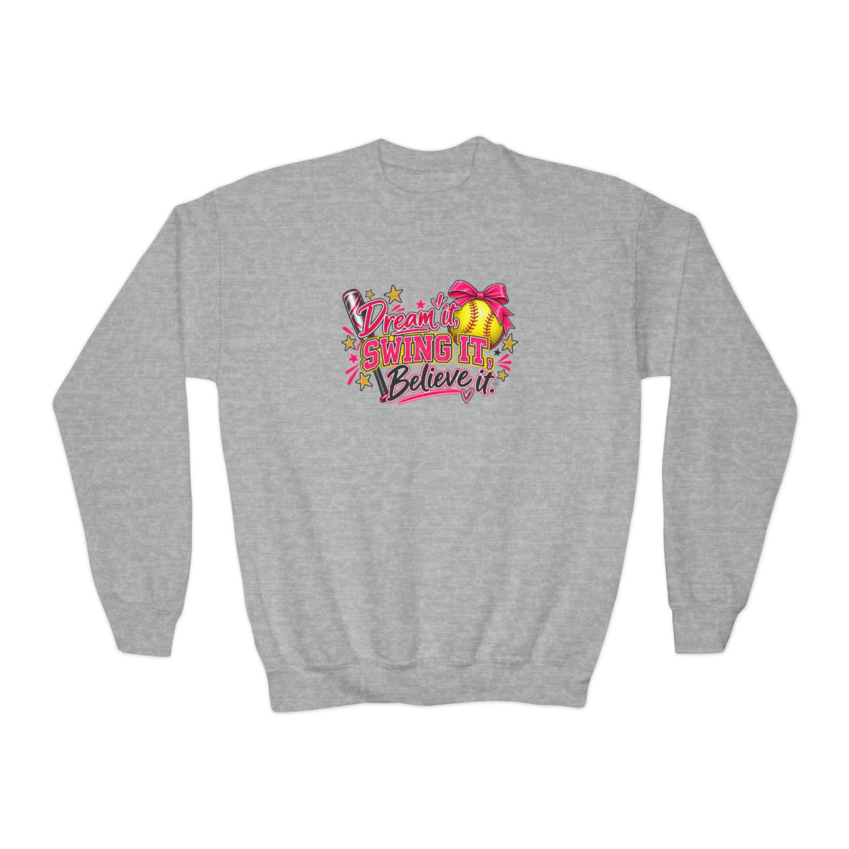 Dream It Swing It Believe It Youth Sweatshirt | Softball Girl | Girls Softball Youth Crewneck