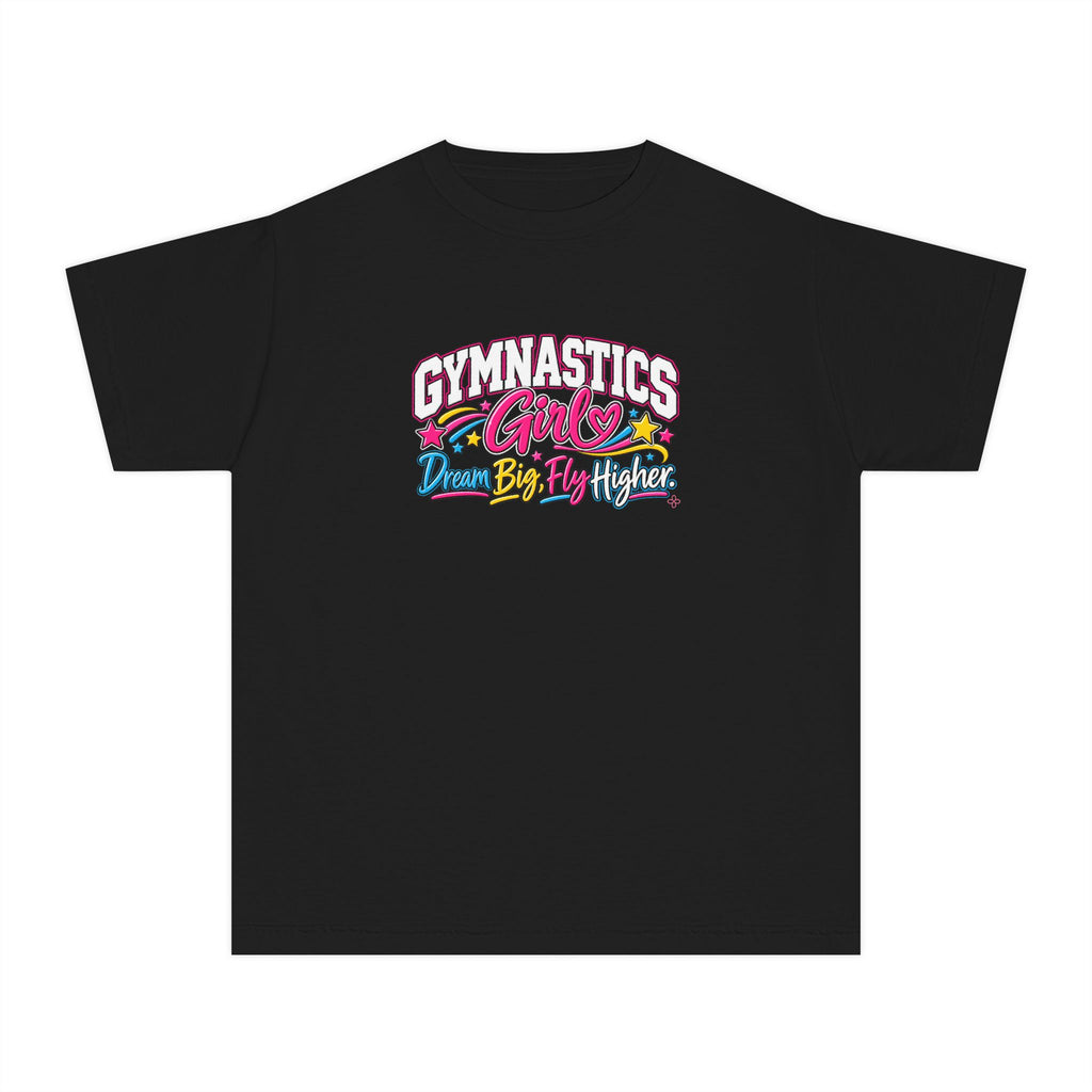 Gymnastics Girl Youth T-Shirt | Dream Big, Fly Higher | Girls Gymnastics Comfort Colors Youth Tee