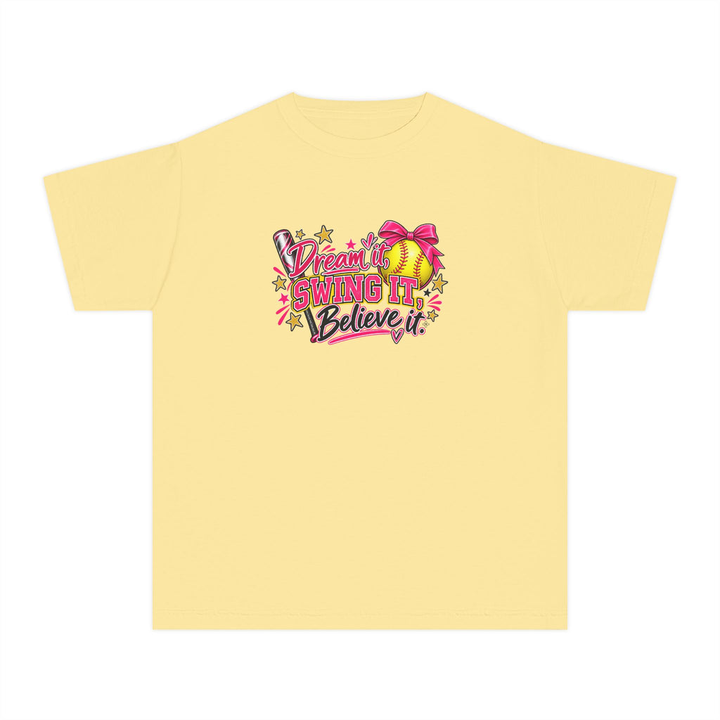 Dream It Swing It Believe It Youth T-Shirt | Softball Girl | Girls Softball Comfort Colors Youth Tee