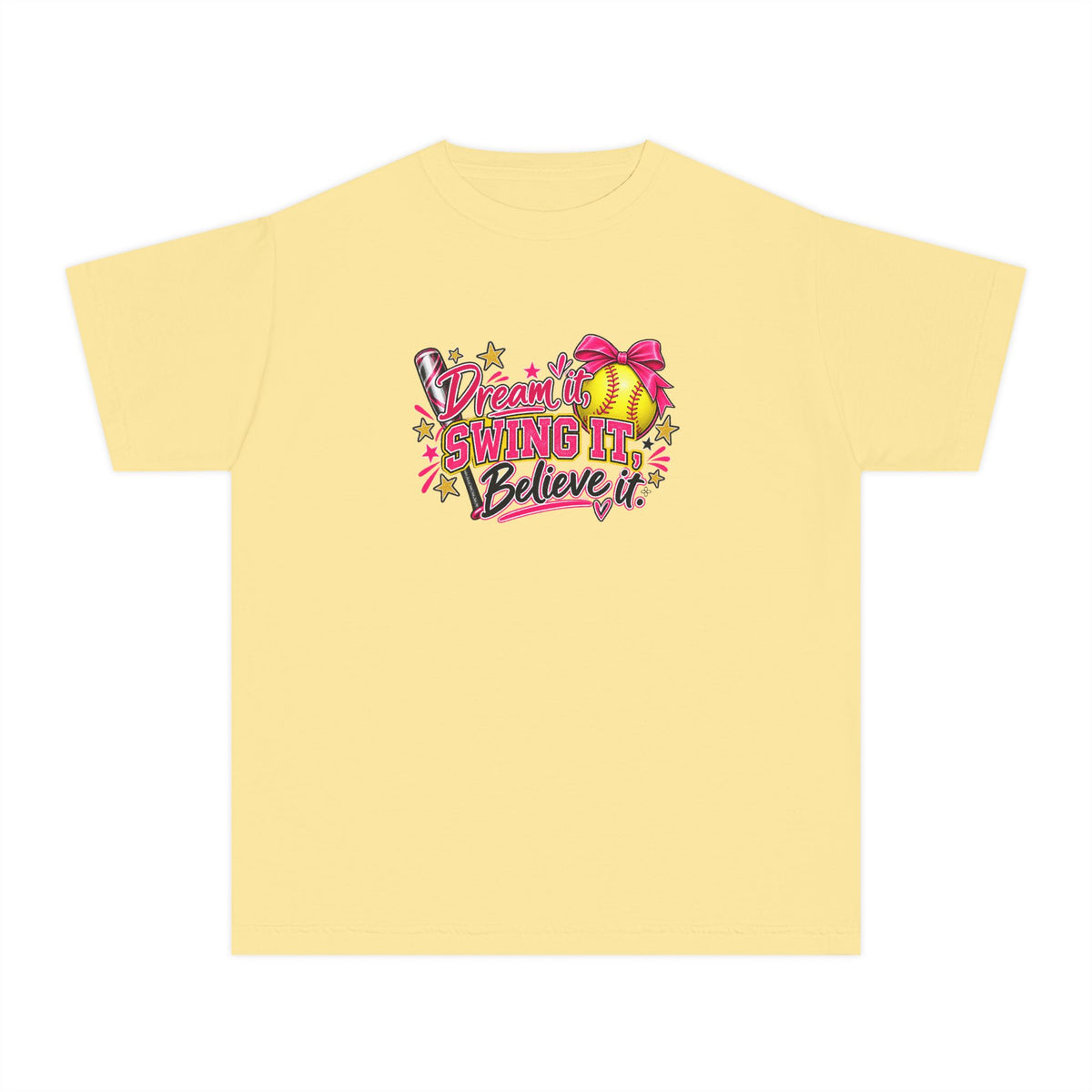 Dream It Swing It Believe It Youth T-Shirt | Softball Girl | Girls Softball Comfort Colors Youth Tee