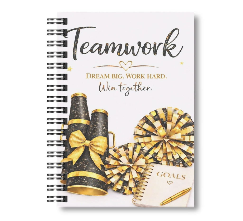 Teamwork - Cheerleading Notebook, Black and Gold 8.5"x11" Wide Ruled Blank Notebook, Spiral Bound
