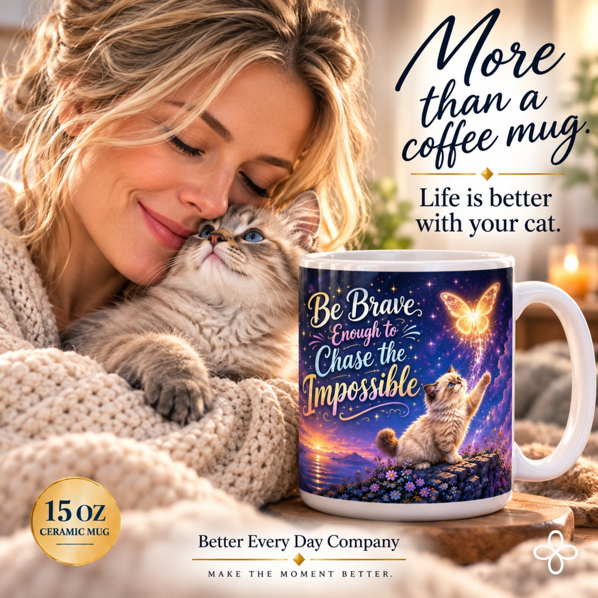Be Brave Enough to Chase the Impossible - 15 oz Funny Cat Mug, Coffee Cup