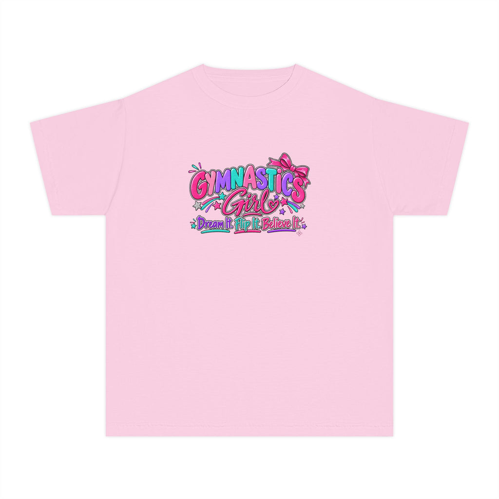 Gymnastics Girl Youth T-Shirt | Dream It, Flip It, Believe It | Girls Gymnastics Comfort Colors Youth Tee