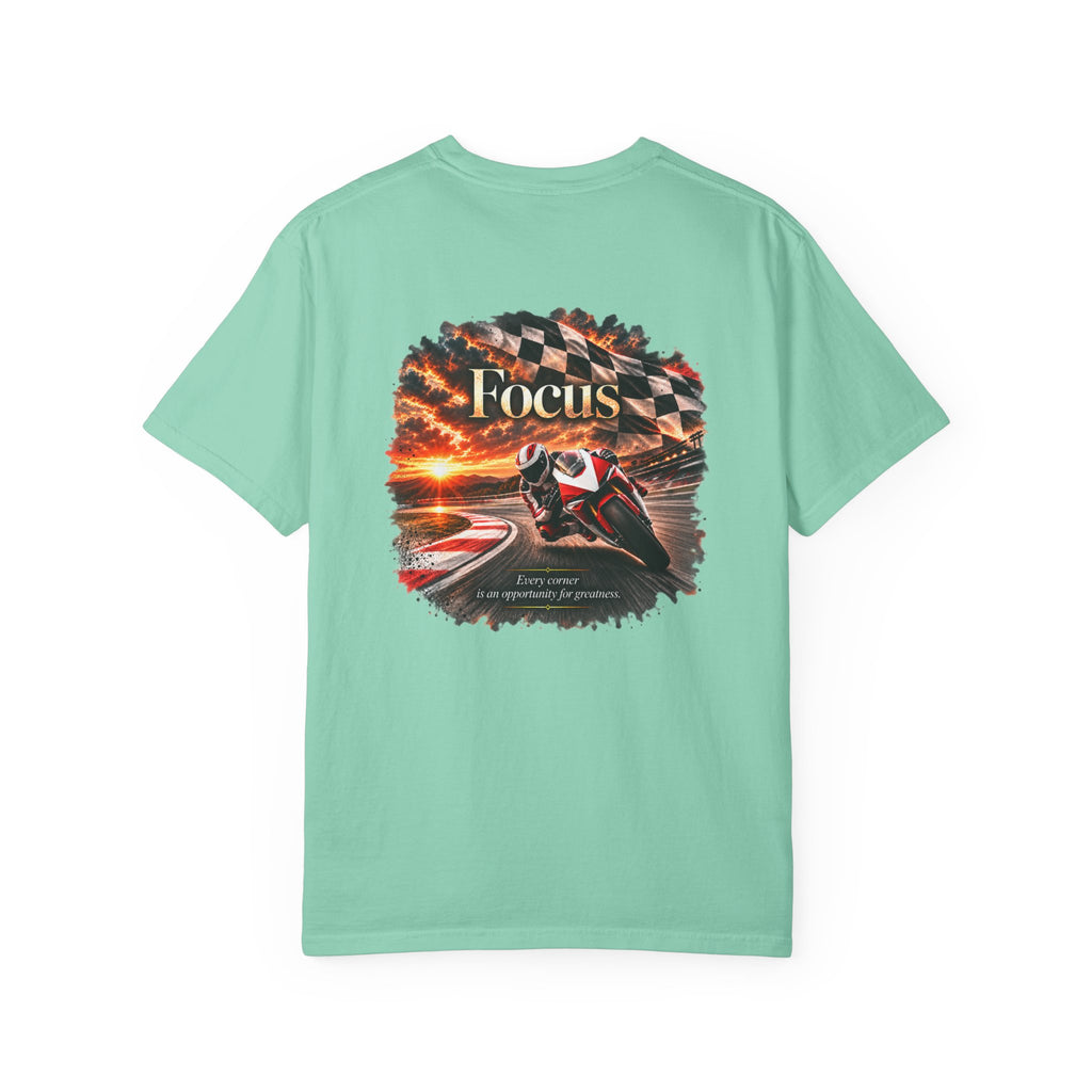 Focus - Every Corner Is an Opportunity for Greatness | Motorcycle Racing Tee | Front Logo and Back Print