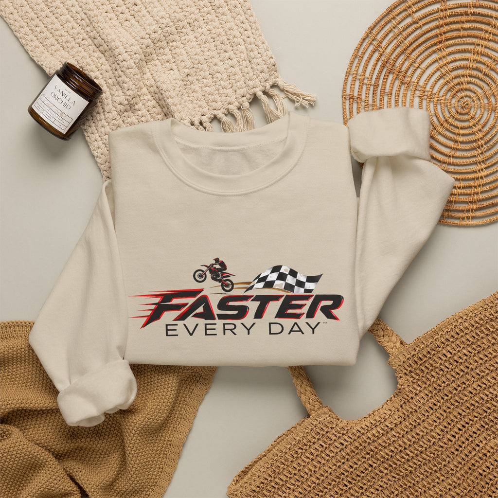 Faster Every Day Dirt Bike Checkered Flag Logo Sweatshirt | Motocross Gift | Gildan Crewneck Sweatshirt