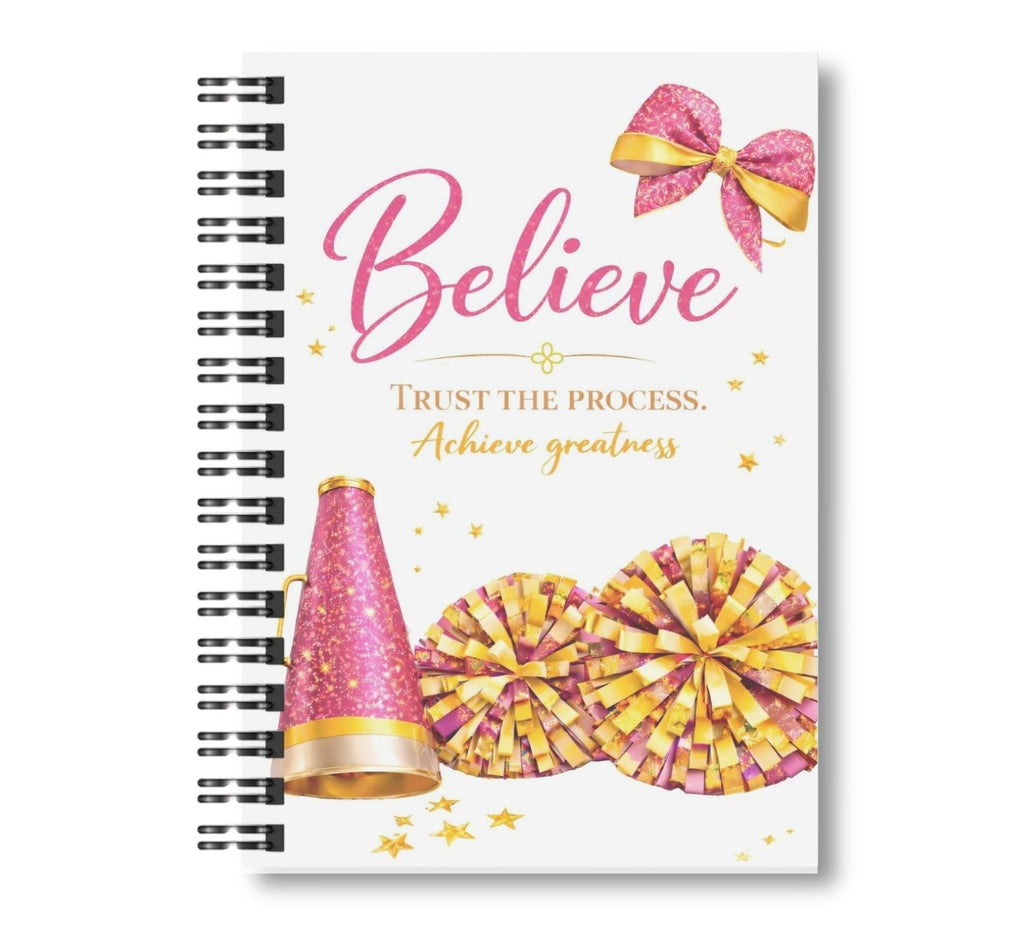 Believe - Cheerleading Notebook, Dark Pink and Gold, 8.5"x11" Wide Ruled Blank Notebook, Spiral Bound