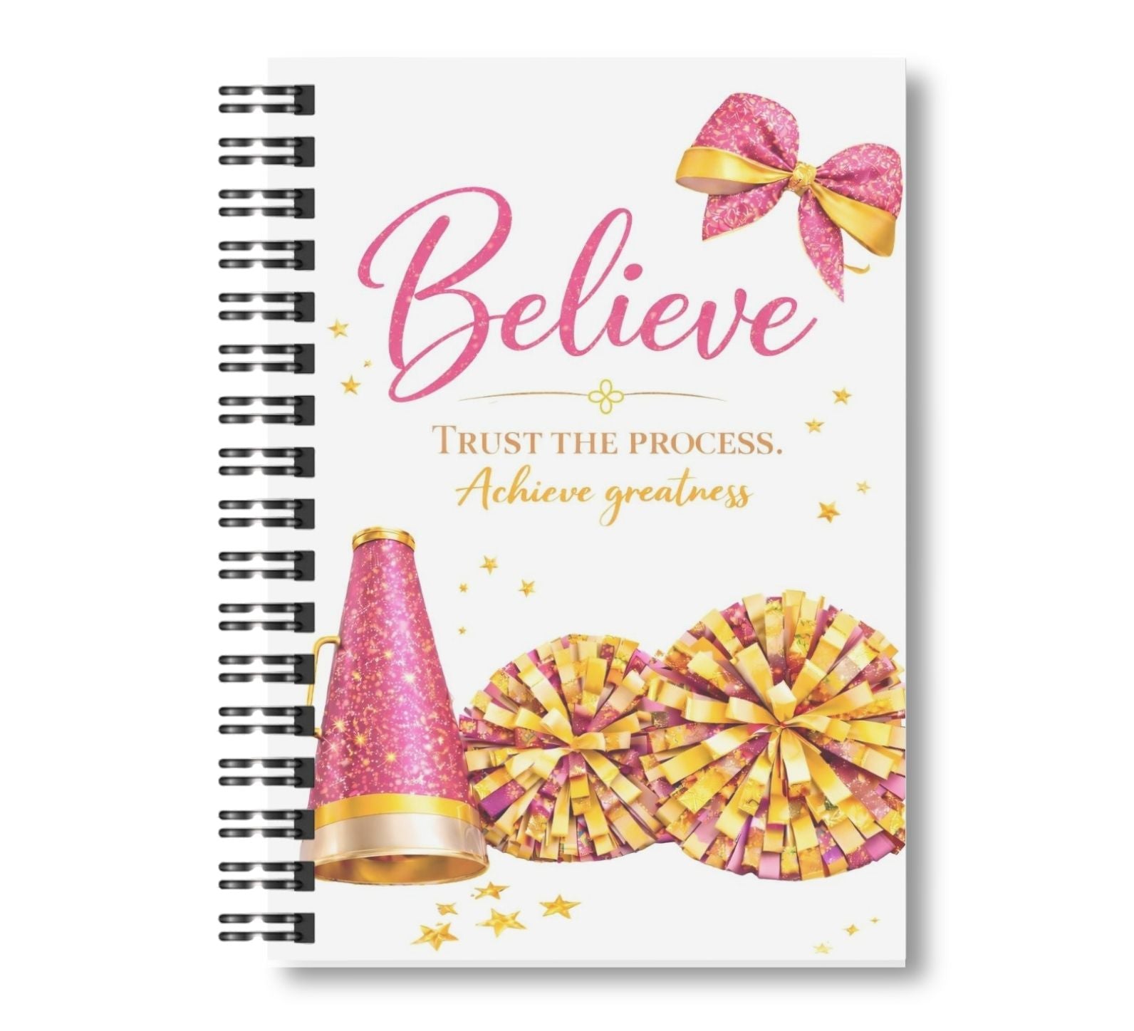 Believe - Cheerleading Notebook, Dark Pink and Gold, 8.5"x11" Wide Ruled Blank Notebook, Spiral Bound