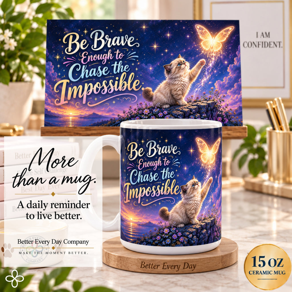 Be Brave Enough to Chase the Impossible - 15 oz Funny Cat Mug, Coffee Cup