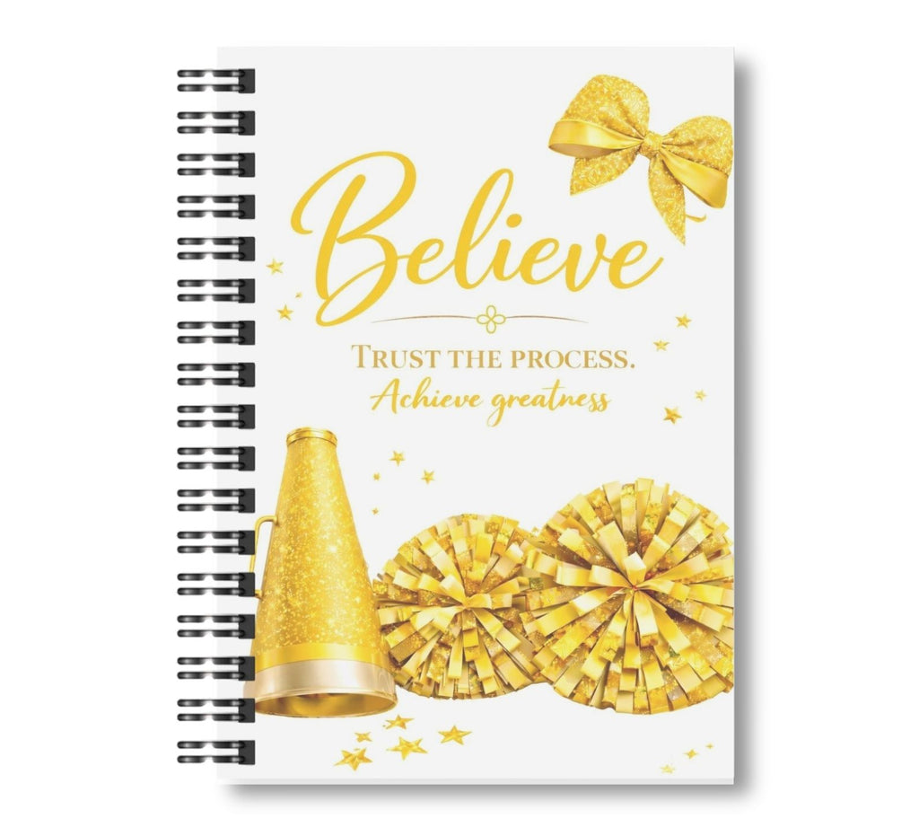 Believe - Gold, Cheerleading Notebook 8.5"x11" Wide Ruled Blank Notebook, Spiral Bound