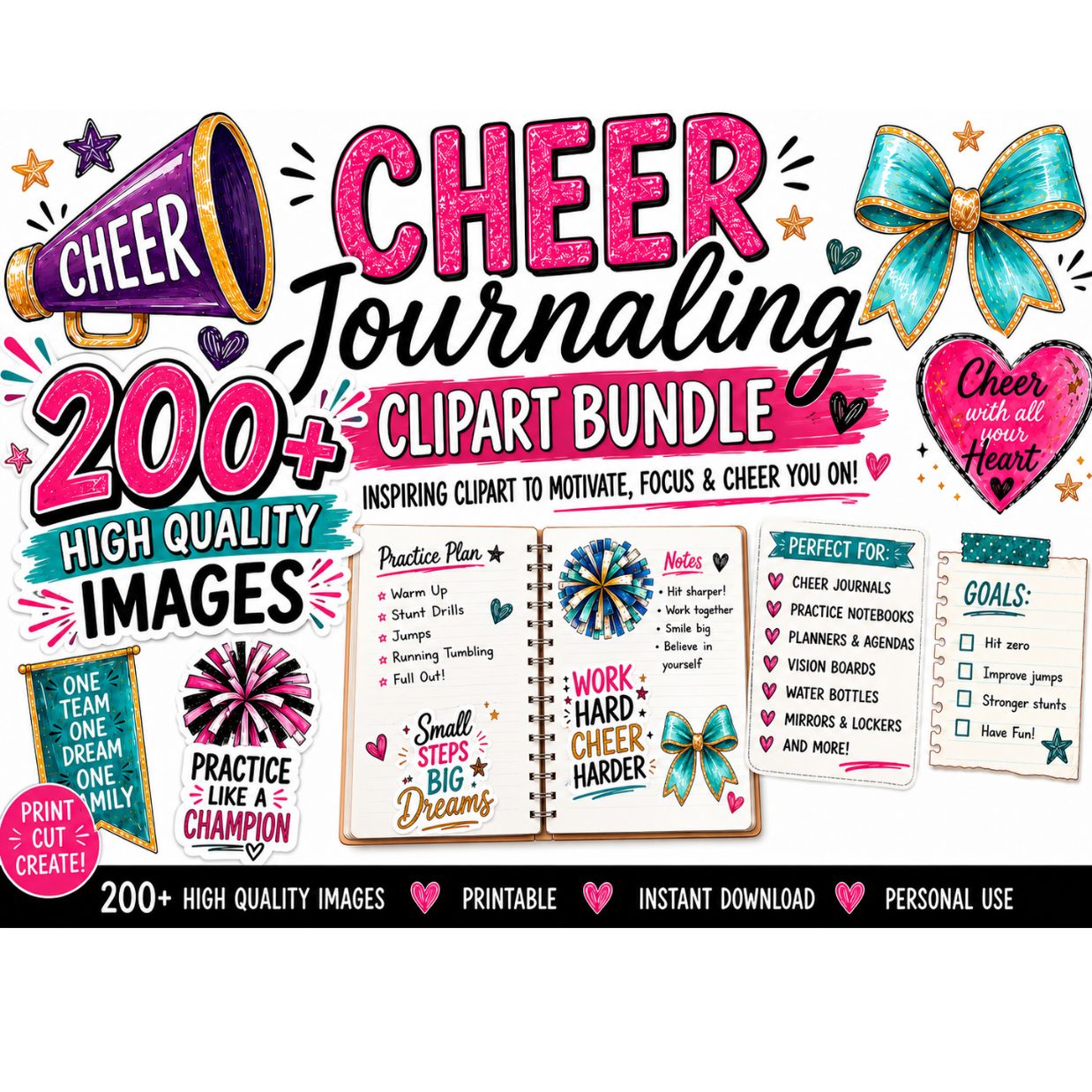 Cheer Journaling Clip Art Bundle, 200+ Printable Cheer Images, Cheerleader Journal Cut Aparts, Planner Stickers, Cheer Notebook Decor