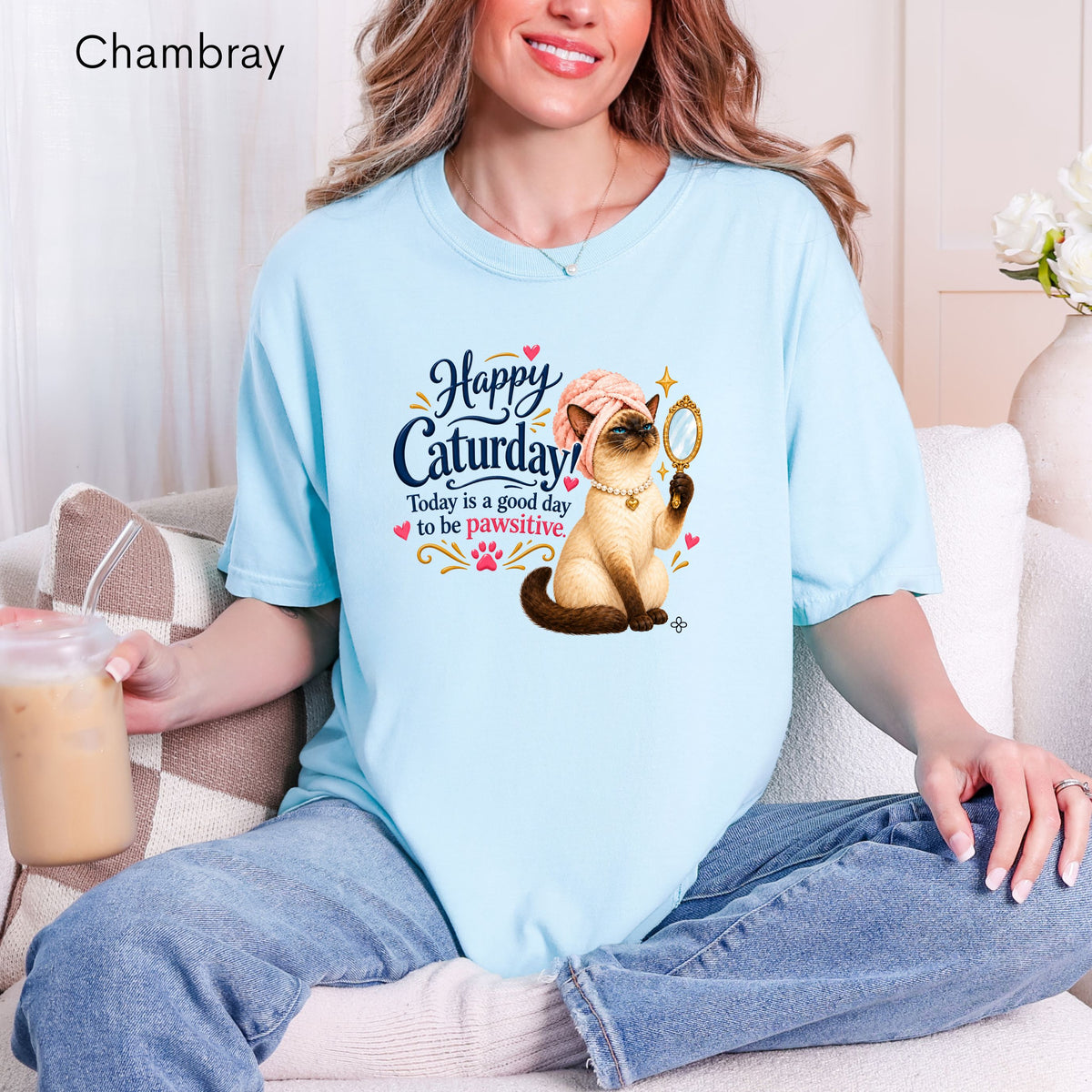 Happy Caturday - Women's Comfort Colors Motivational Cat / Pet T-Shirt for Women - Inspirational Tee - Comfort Colors Shirt