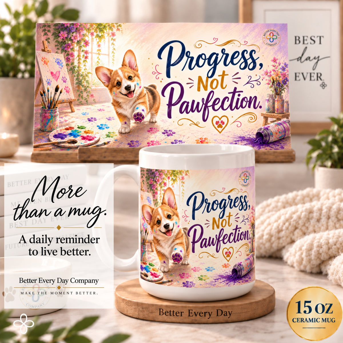 Progress Not Pawfection - 15 oz Funny Dog Mug, Coffee Cup