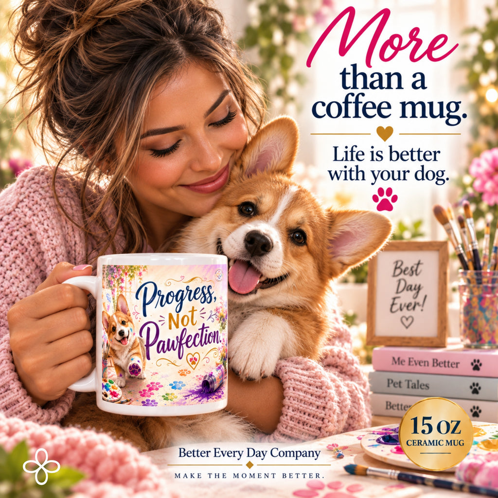 Progress Not Pawfection - 15 oz Funny Dog Mug, Coffee Cup