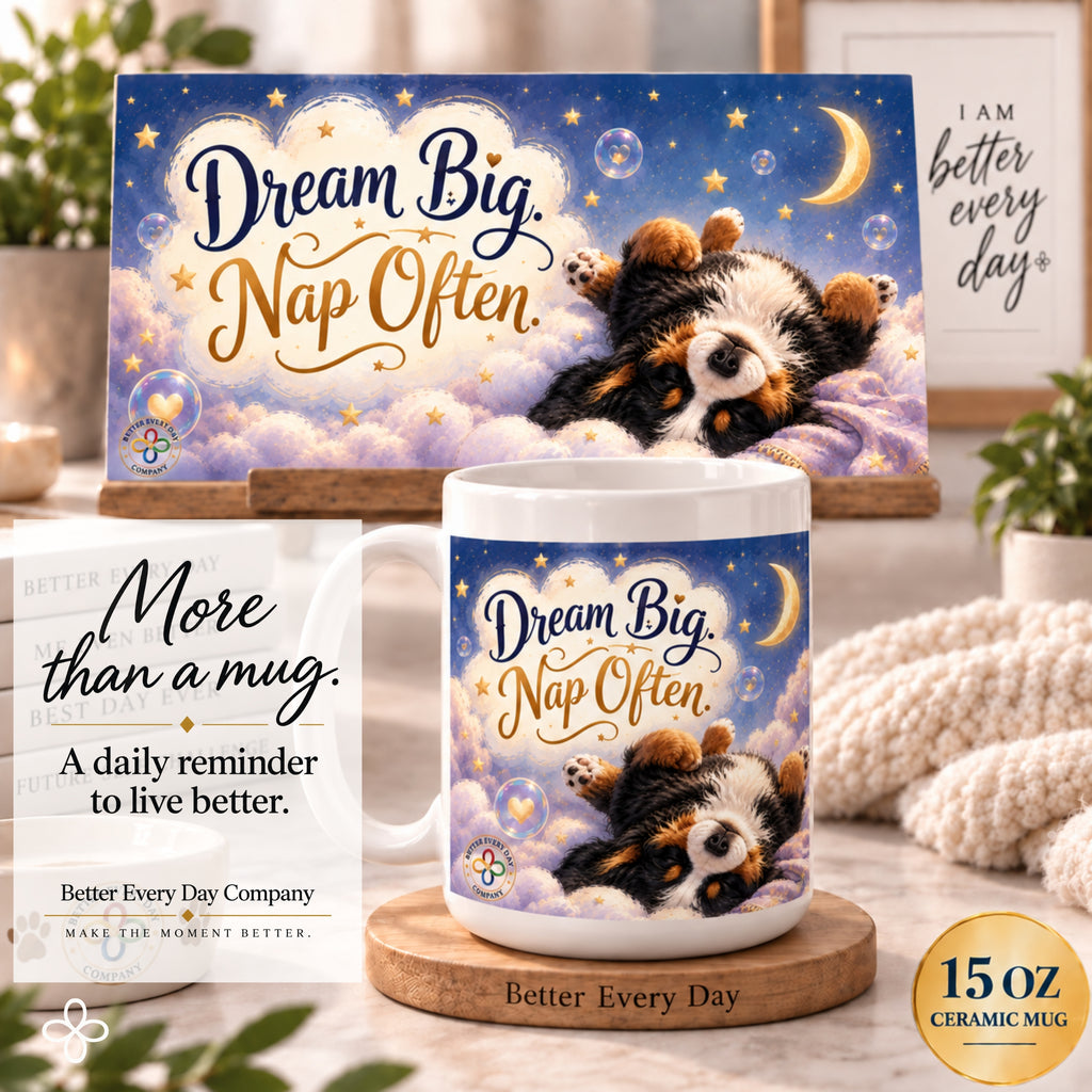 Dream Big Nap Often - 15 oz Funny Dog Mug, Coffee Cup, Australian Sheperd Mug