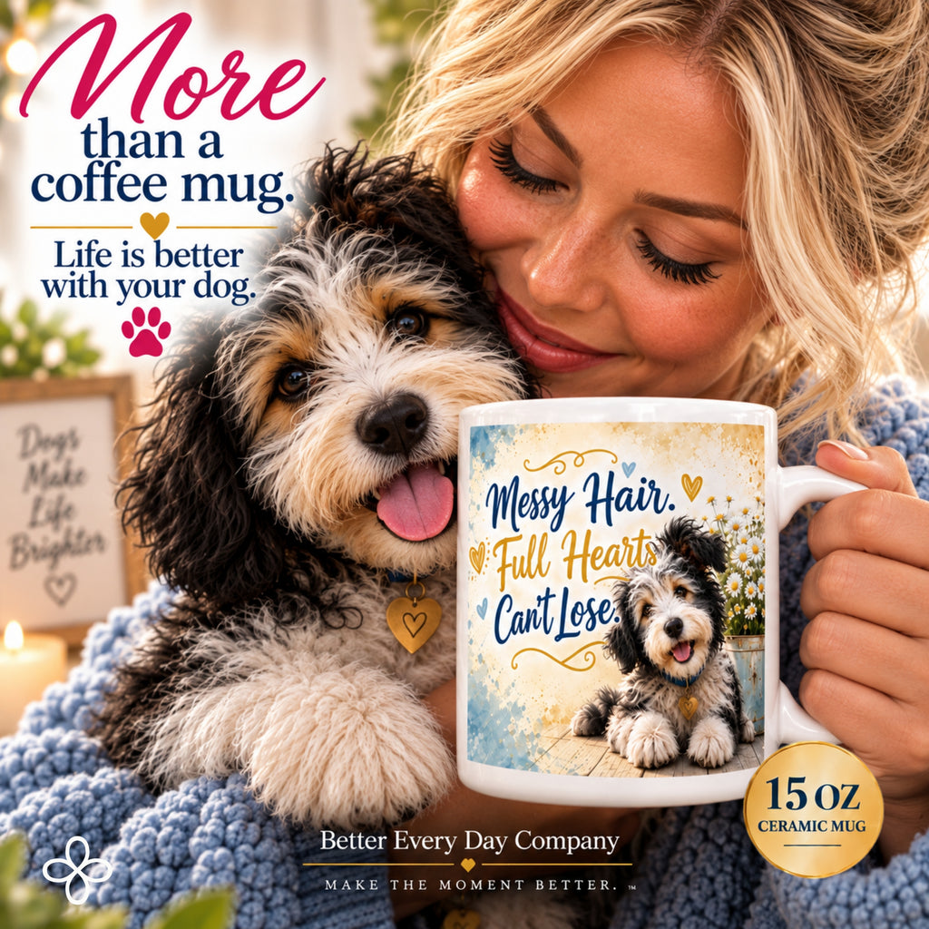 Messy Hair Full Heart Can't Lose - 15 oz Funny Dog Mug, Coffee Cup, Australian Sheperd Mug