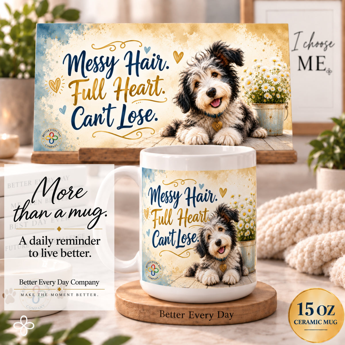 Messy Hair Full Heart Can't Lose - 15 oz Funny Dog Mug, Coffee Cup, Australian Sheperd Mug