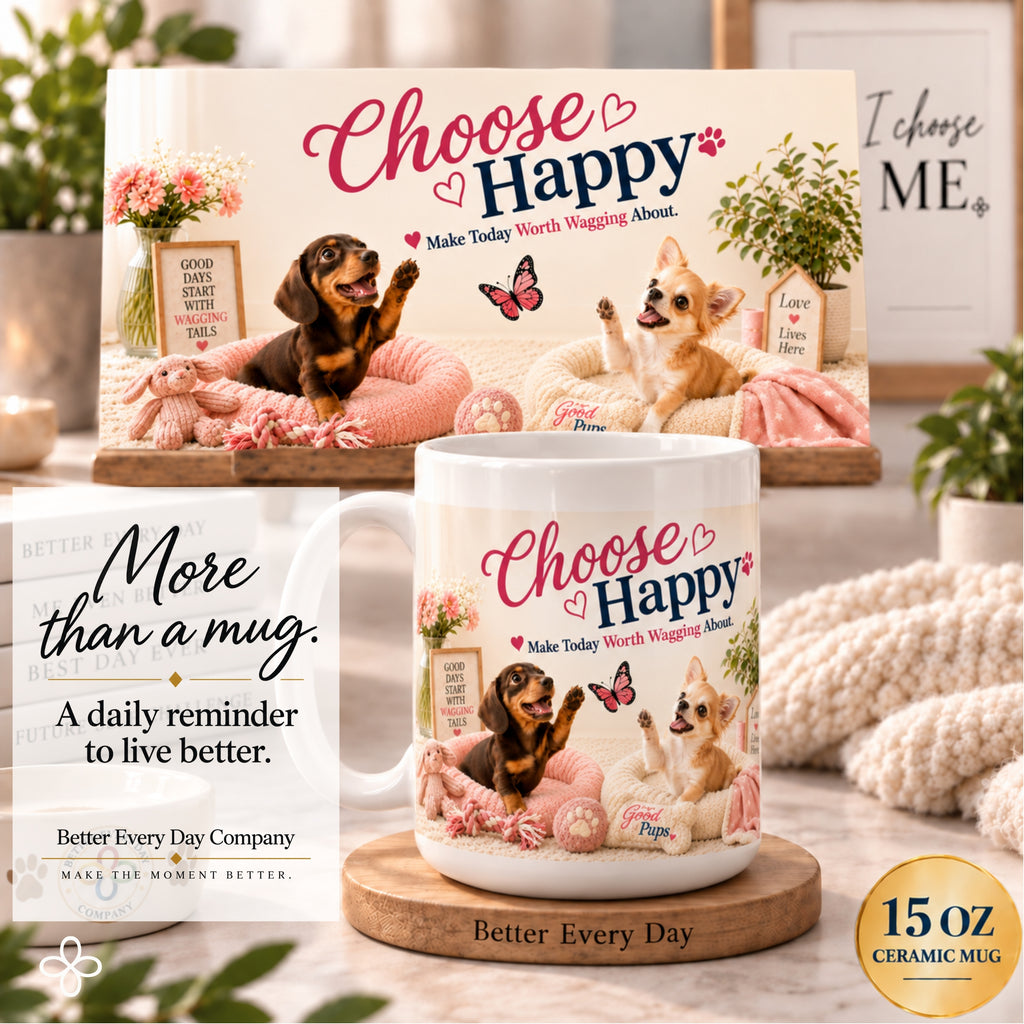 Choose Happy, Make Today Worth Wagging About - 15 oz Funny Dog Mug, Coffee Cup, Dachshund Mug