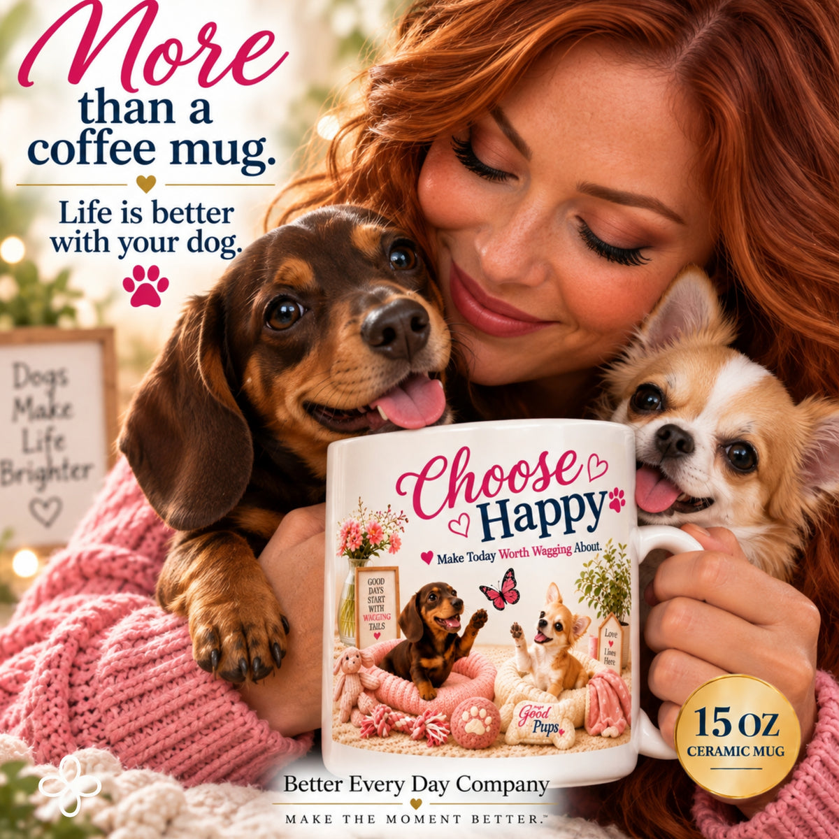Choose Happy, Make Today Worth Wagging About - 15 oz Funny Dog Mug, Coffee Cup, Dachshund Mug