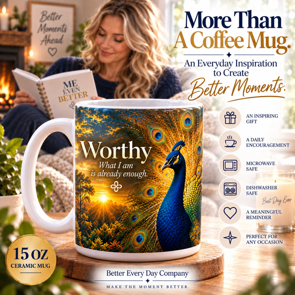 WORTHY - Peacock - What I Am Is Already Enough - 15 oz Inspirational Mug, Coffee Cup, Intentionalities