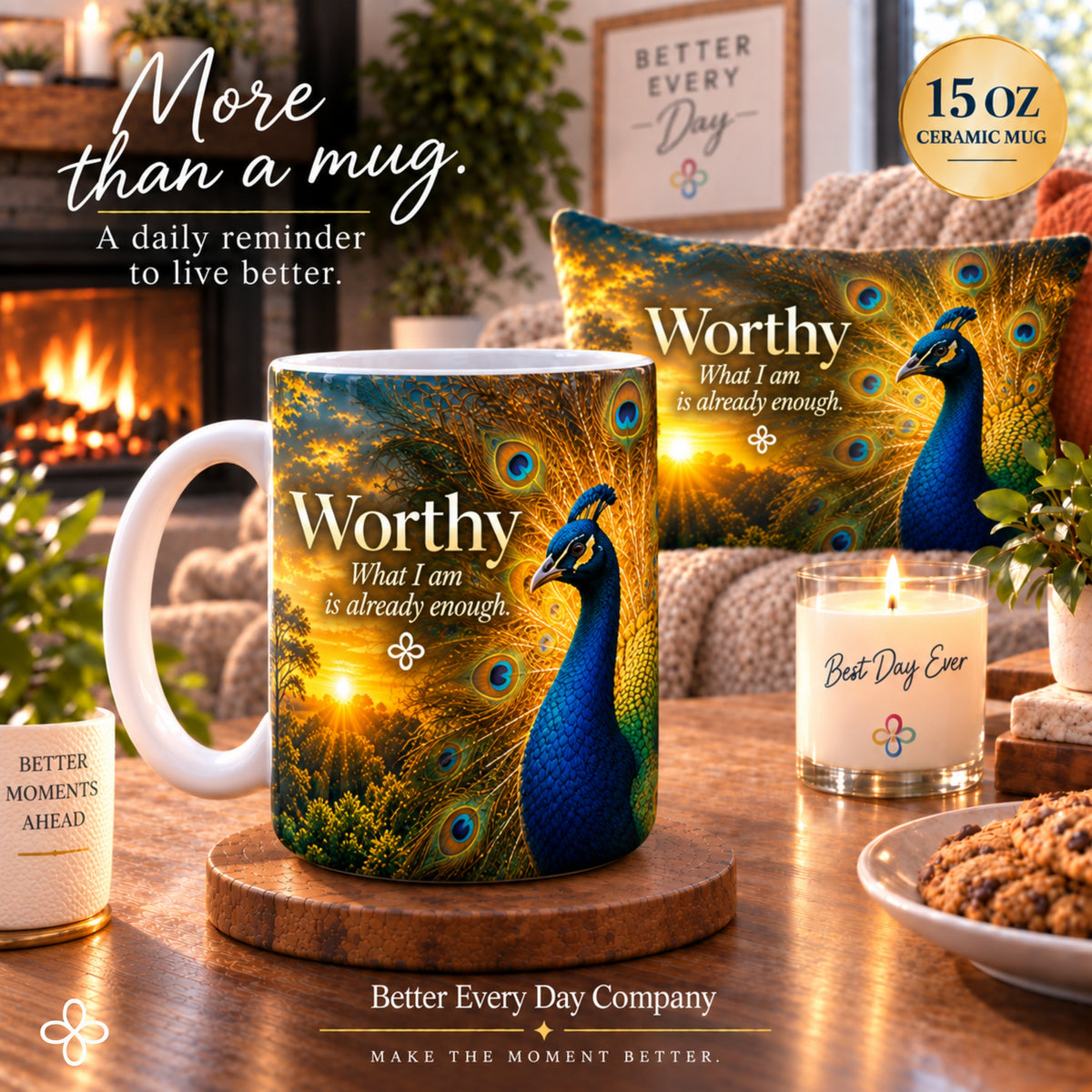 WORTHY - Peacock - What I Am Is Already Enough - 15 oz Inspirational Mug, Coffee Cup, Intentionalities