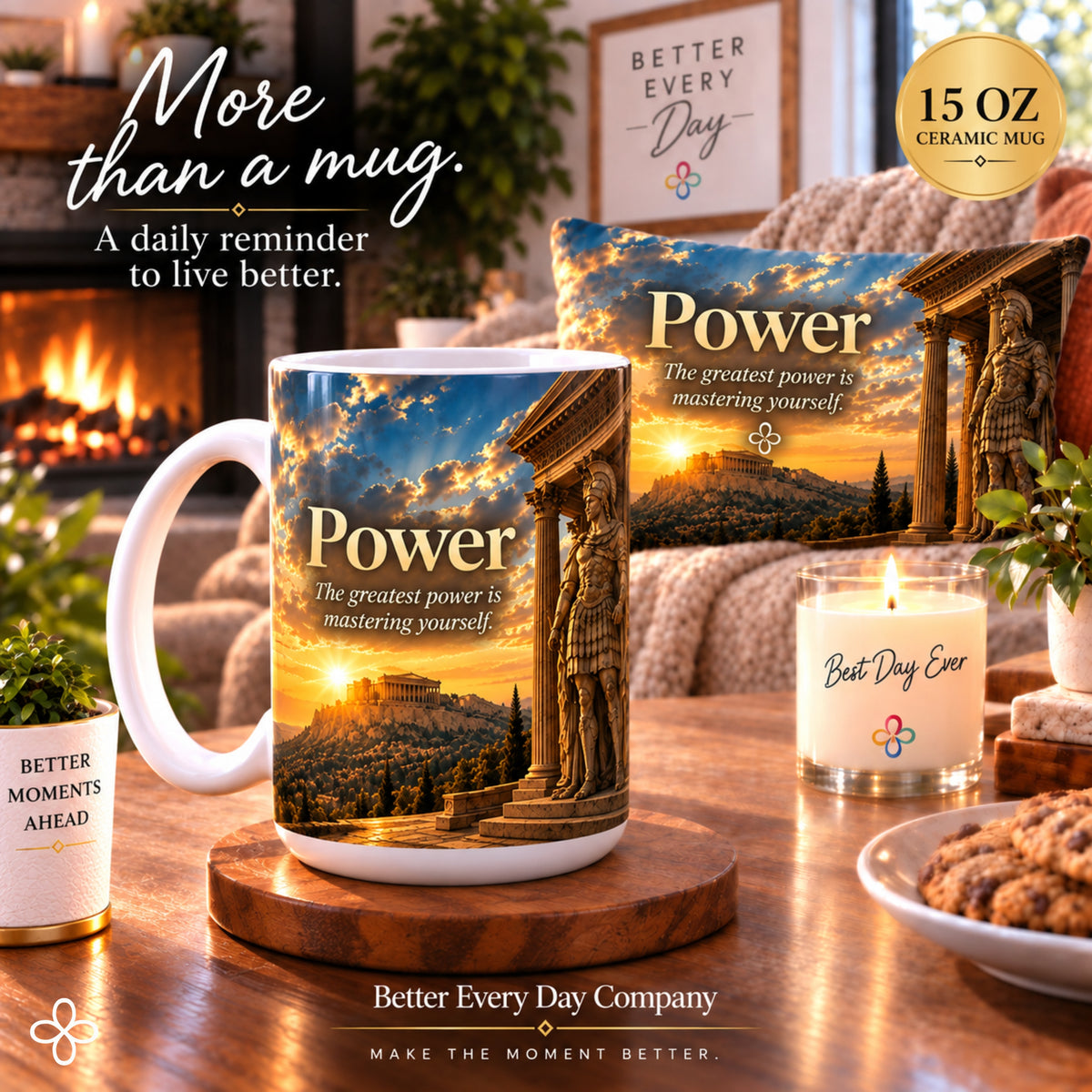 POWER - Greek Warrior Sculpture- The Greatest Power Is Mastering Yourself - 15 oz Inspirational Mug, Coffee Cup, Intentionalities