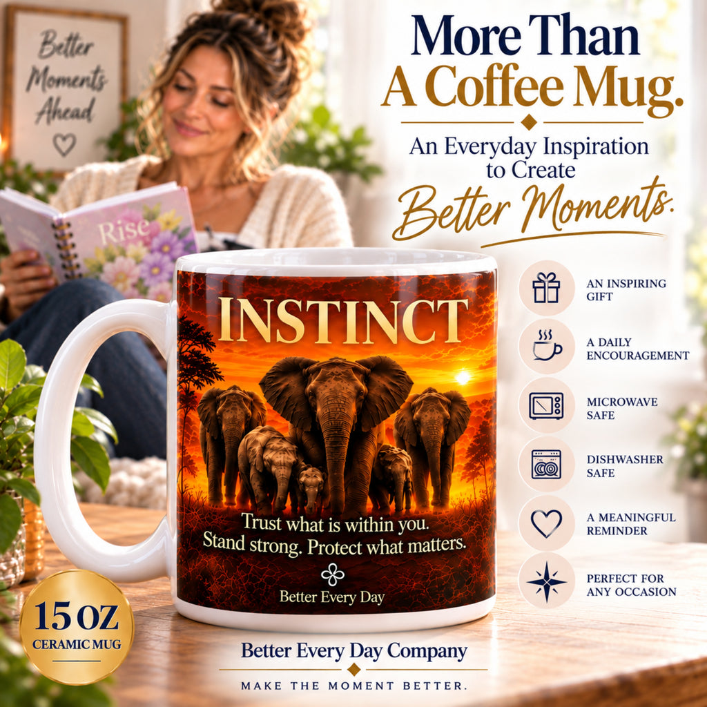 INSTINCT - Elephant - Trust What Is Within You, Stand Strong - 15 oz Inspirational Mug, Coffee Cup, Intentionalities