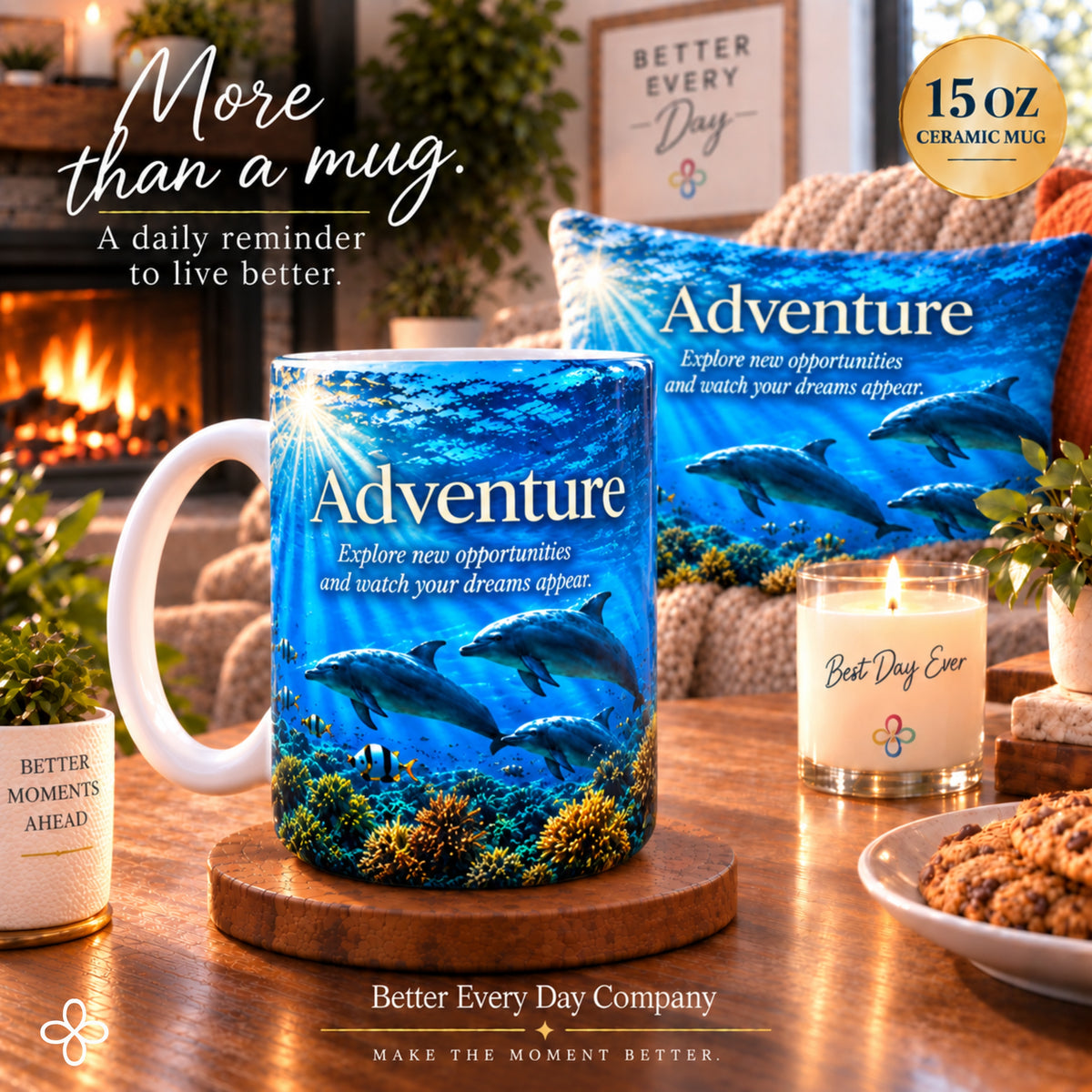 ADVENTURE - Dolphins - Explore New Opportunities and Watch Your Dreams Appear - 15 oz Inspirational Mug, Coffee Cup, Intentionalities