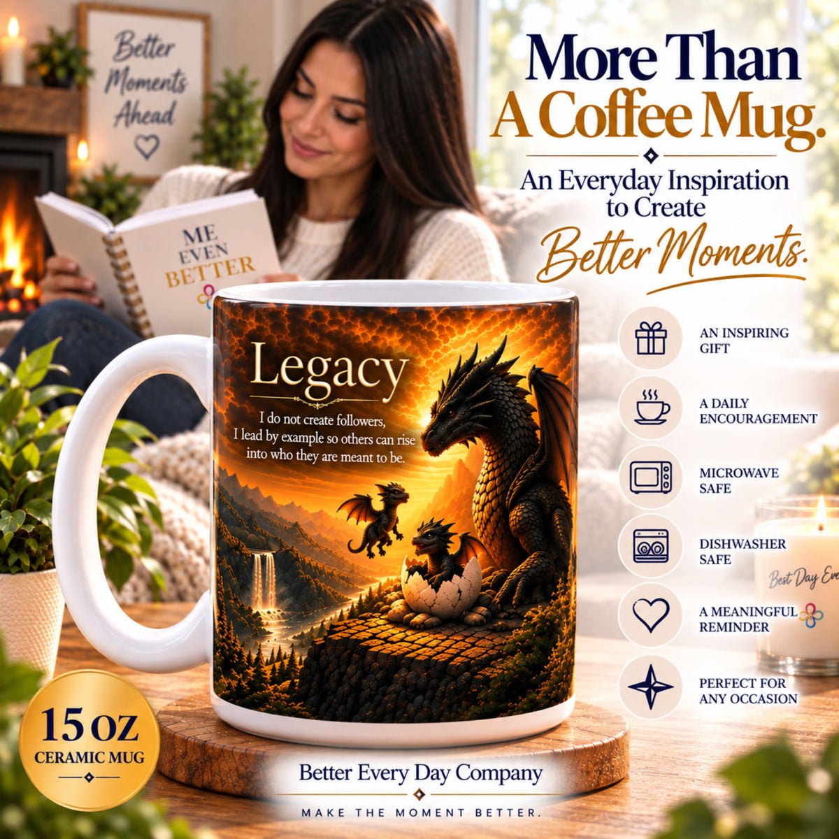 LEGACY - Dragon - I Lead by Example So Others Can Rise - 15 oz Inspirational Mug, Coffee Cup, Intentionalities
