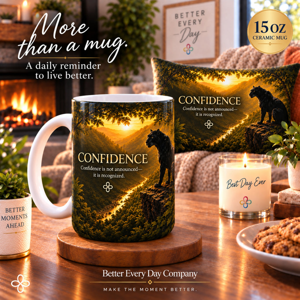Confidence - Confidence Is Not Announced, It Is Recognized - 15 oz Inspirational Black Panther Mug, Coffee Cup