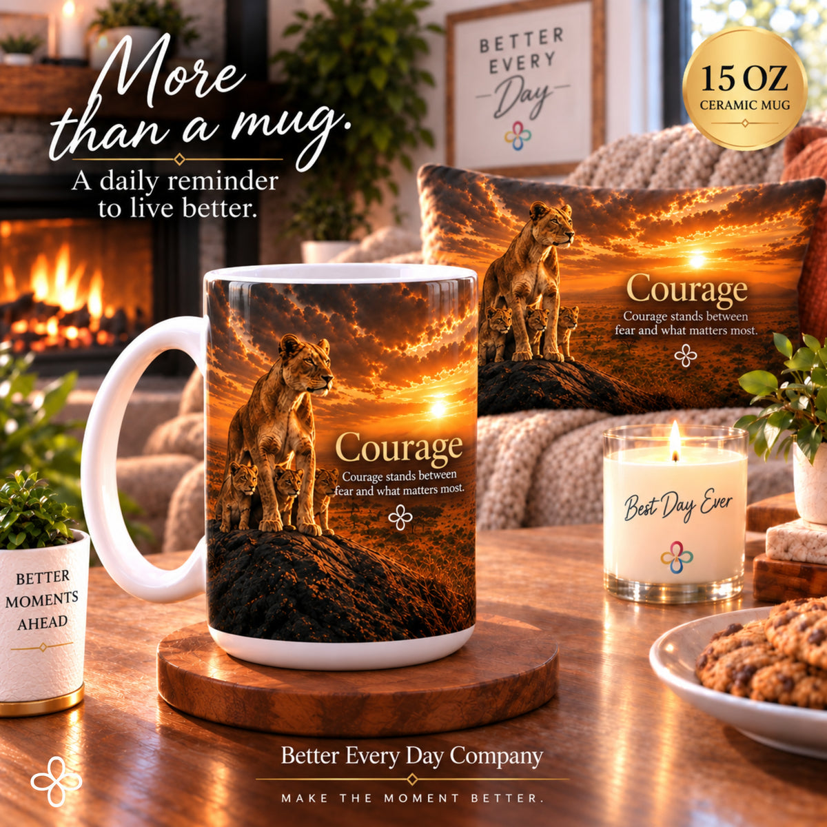 Courage - Courage Stands Between Fear and What Matters Most - Lioness and Cubs Mug, 15 oz Inspirational Lioness Mug, Coffee Cup
