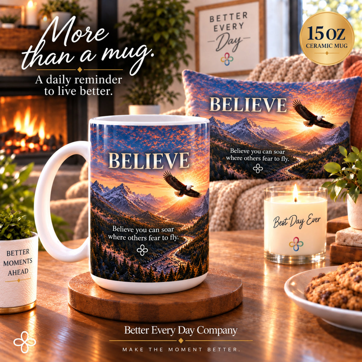 Believe - Believe You Can Soar Where Others Fear to Fly - Eagle Image - 15 oz Inspirational Eagle Mug, Coffee Cup