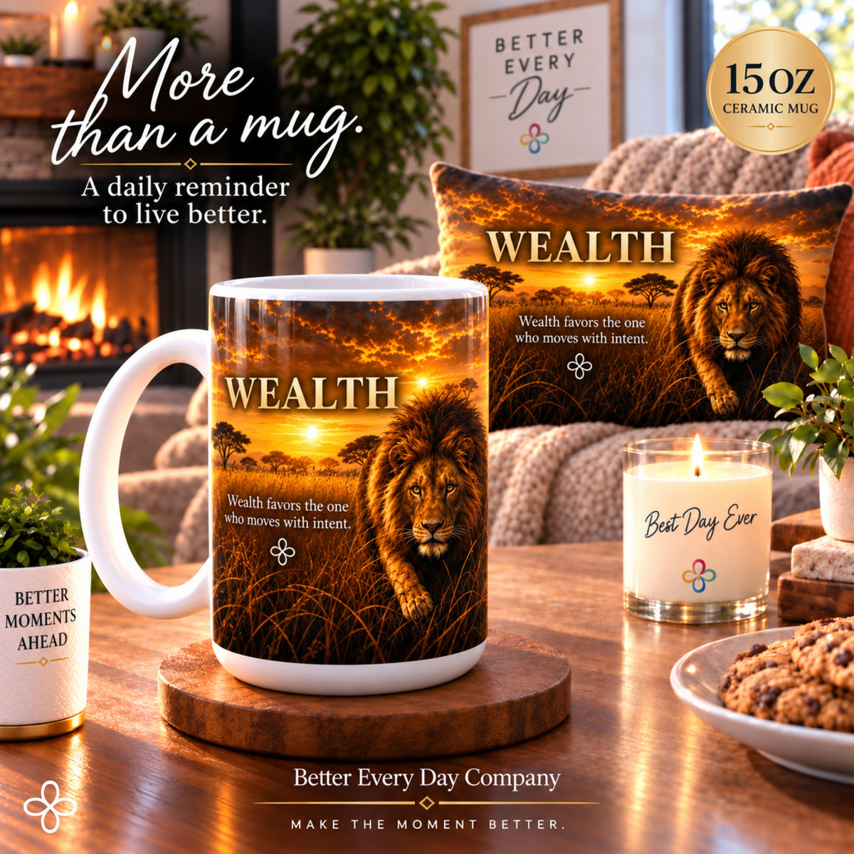 Wealth - Wealth Favors the One Who Moves With Intent - Lion Mug, 15 oz Inspirational Lion Mug, Coffee Cup