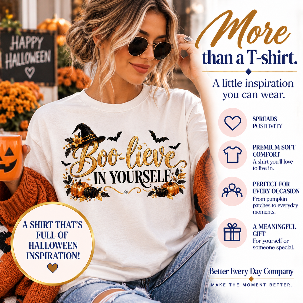 Inspirational Halloween T-Shirt - BOO-lieve In Yourself - Women's Comfort Colors Motivational Shirt