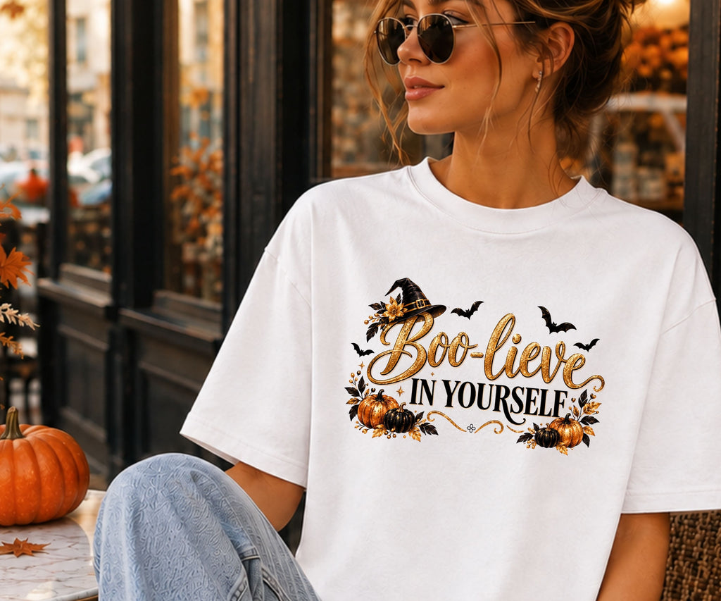 Inspirational Halloween T-Shirt - BOO-lieve In Yourself - Women's Comfort Colors Motivational Shirt