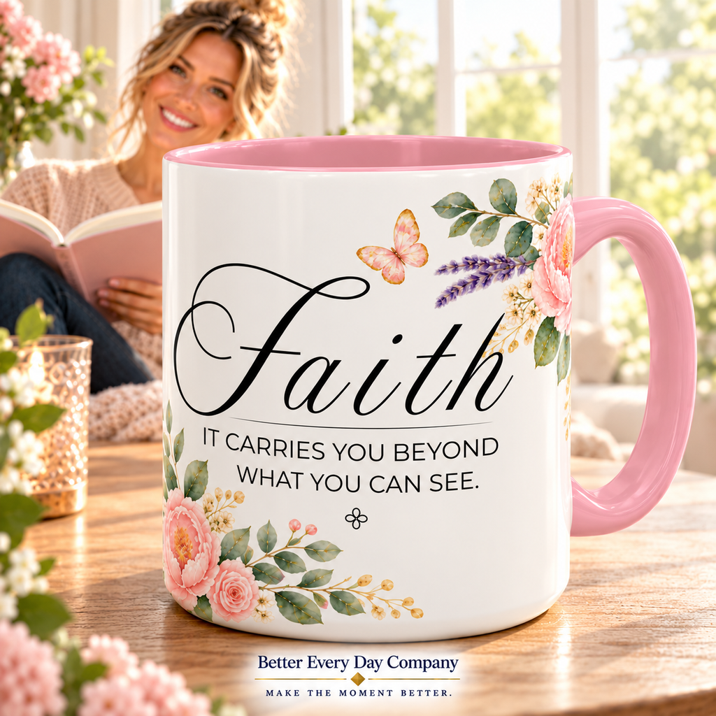 Faith Coffee Mug 15oz | It Carries You Beyond What You Can See | Floral Faith Mug, Christian Faith