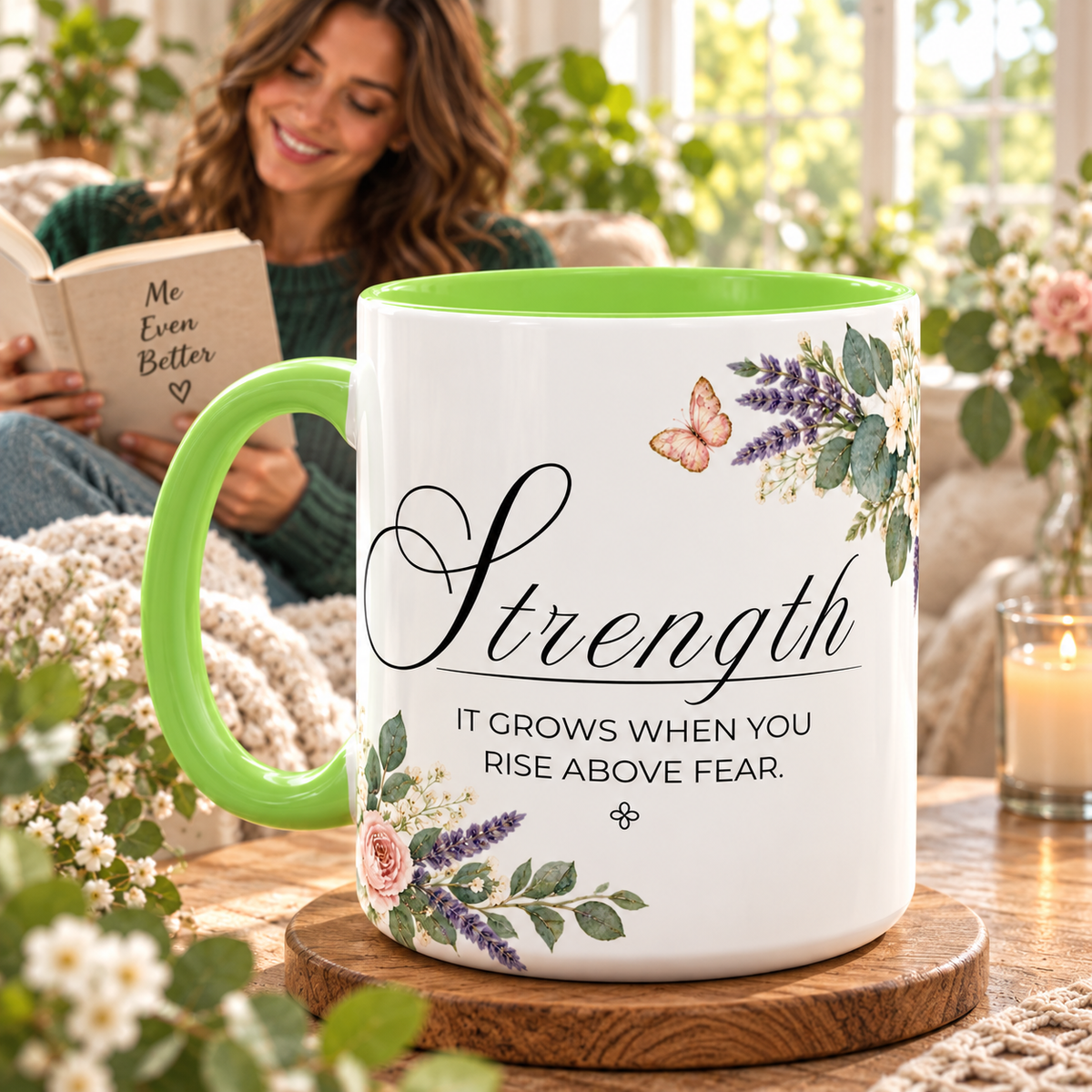 Strength Coffee Mug 15oz | It Grows When You Rise Above Fear | Floral Christian Mug