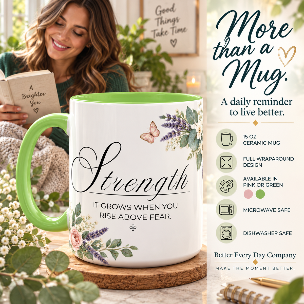 Strength Coffee Mug 15oz | It Grows When You Rise Above Fear | Floral Christian Mug