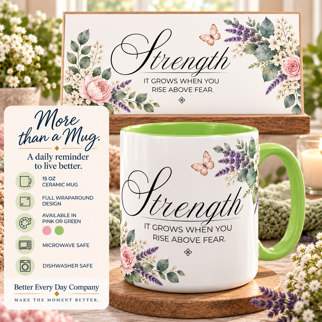 Strength Coffee Mug 15oz | It Grows When You Rise Above Fear | Floral Christian Mug