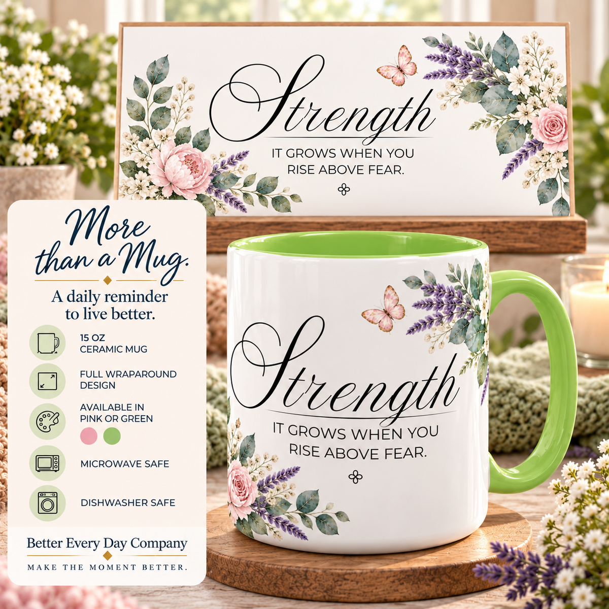 Strength Coffee Mug 15oz | It Grows When You Rise Above Fear | Floral Christian Mug