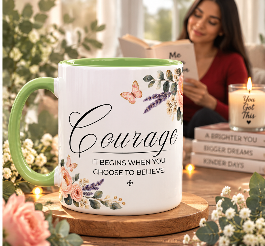Courage Coffee Mug 15oz | It Begins When You Choose To Believe | Floral Christian Mug