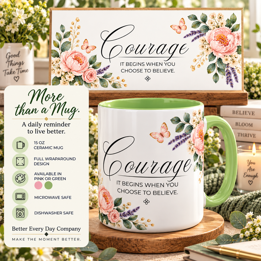 Courage Coffee Mug 15oz | It Begins When You Choose To Believe | Floral Christian Mug