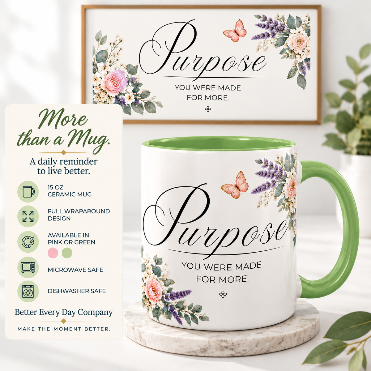 Purpose Coffee Mug 15oz | You Were Made For More | Floral Christian Mug